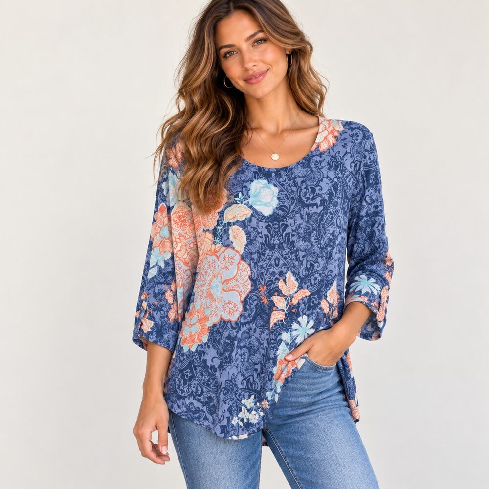 Chico's 100% Cotton Knit Top Women's Size 3(XL) Blue Peach Paisley Floral Casual